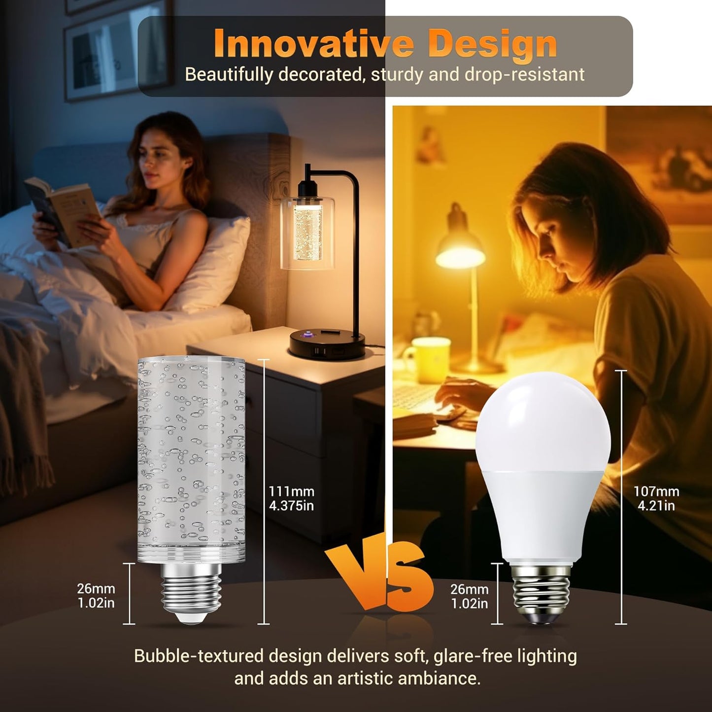 LED Bulb,5W,3000K,500Lm Dimmable E26 Acrylic Bubble Bulb with Ceramic Base, Suitable for E26 Lighting Fixtures Including Chandeliers, Wall Sconces, Table Lamps, and Vanity Lights